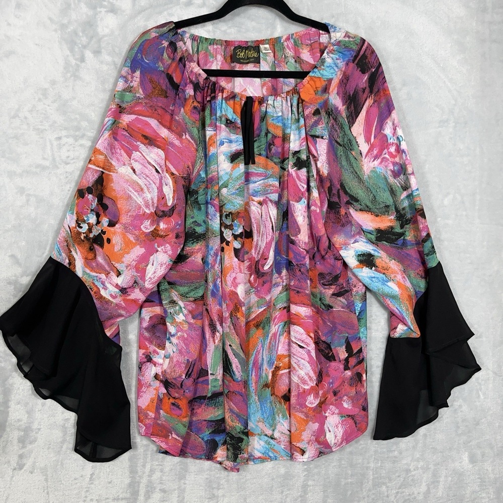 Bob Mackie Wearable Art Blouse Women 3X Lagenlook Bell Sleeve Gathered Neckline
